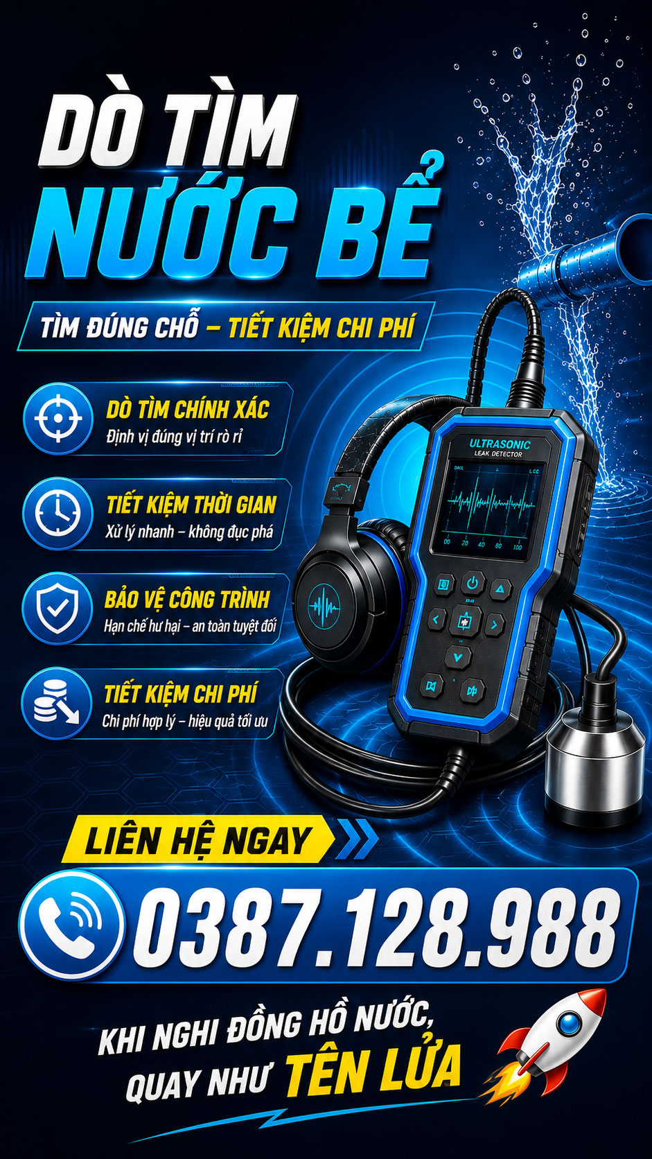 Dịch vụ dò tìm nước bể và rò rỉ đường ống bằng thiết bị siêu âm hiện đại, xác định chính xác vị trí rò rỉ tại Vũng Tàu, Bà Rịa, Long Điền, Long Hải, Phú Mỹ, Xuyên Mộc và TP. Hồ Chí Minh.