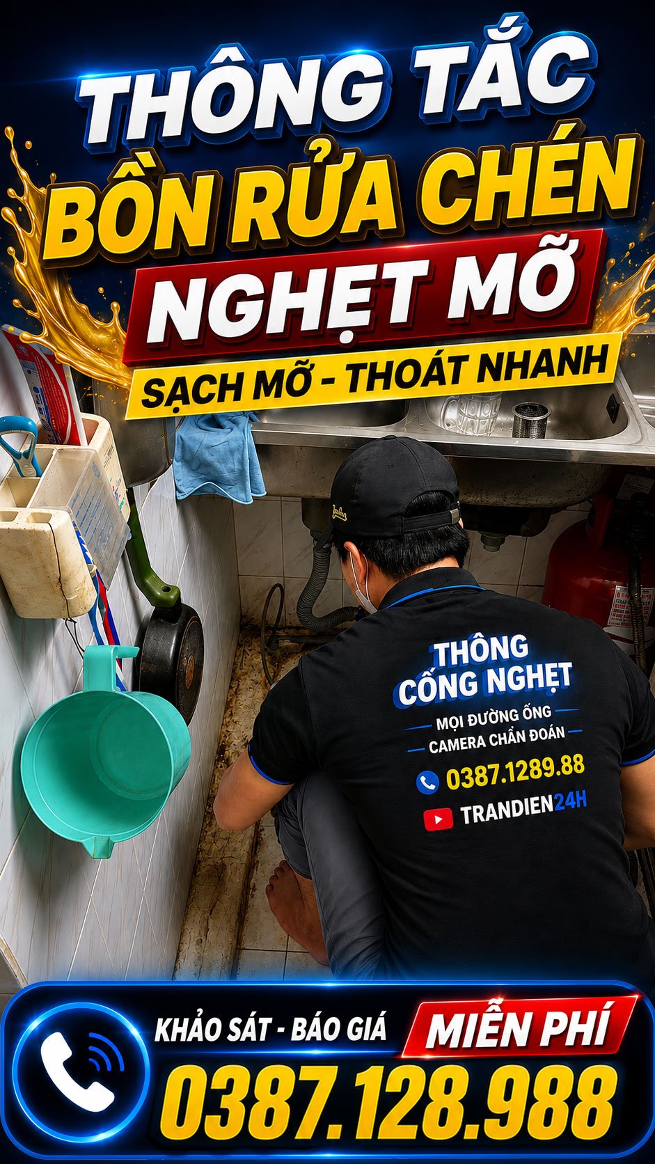 Dịch vụ thông tắc bồn rửa chén nghẹt mỡ bằng máy chuyên dụng, làm sạch đường ống thoát nước nhanh chóng tại Vũng Tàu, Bà Rịa, Long Điền, Long Hải, Phú Mỹ, Xuyên Mộc và TP. Hồ Chí Minh.