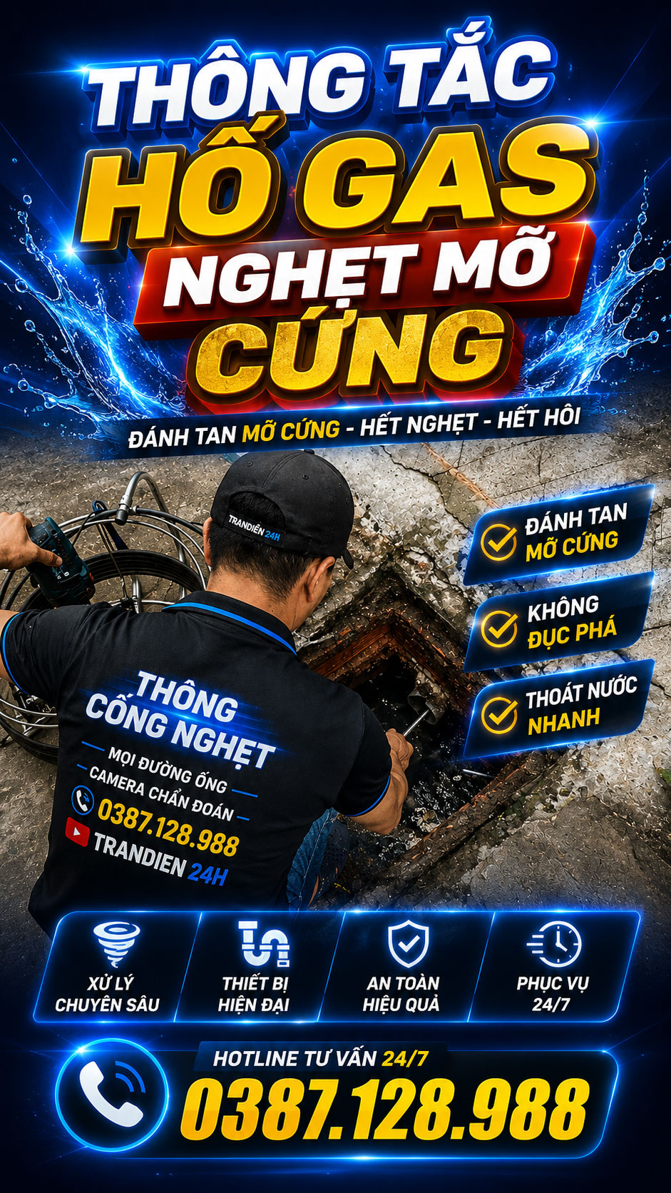 Dịch vụ thông tắc hố ga nghẹt mỡ cứng bằng máy chuyên dụng, đánh tan mỡ bám lâu năm, không đục phá tại Vũng Tàu, Bà Rịa, Long Điền, Long Hải, Phú Mỹ, Xuyên Mộc và TP. Hồ Chí Minh.
