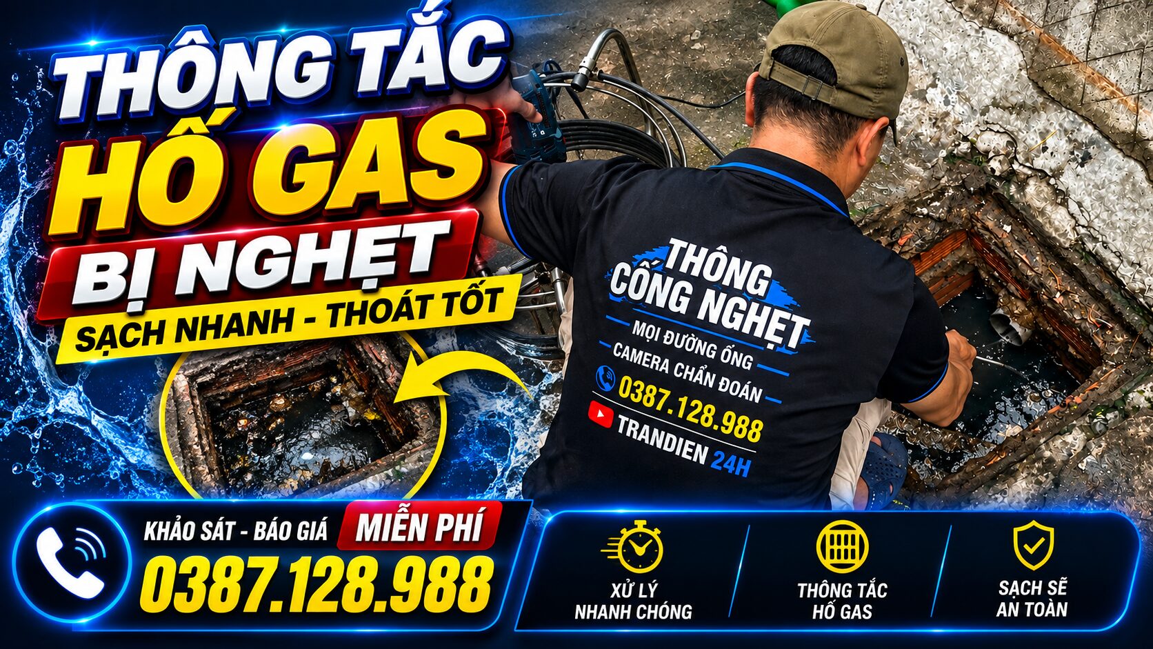 Thông tắc hố gas bị nghẹt bằng thiết bị chuyên dụng tại Trần Điền 24H